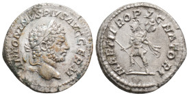CARACALLA (198-211). Denarius. Rome.
Obv: ANTONINVS PIVS AVG BRIT.
Laureate head right.
Rev: MARTI PROPVGNATORI.
Mars advancing left, holding spear an...
