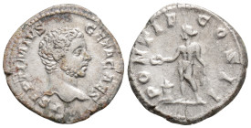 GETA (Caesar, 198-209). Denarius. Rome. Obv: P SEPTIMIVS GETA CAES. Bareheaded and draped bust right. Rev: PONTIF COS II. Genius standing left, holdin...