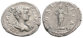 GETA (Caesar, 198-209). Denarius. Rome.
Obv: P SEPT GETA CAES PONT. Bareheaded and draped bust right.
Rev: NOBILITAS. Nobilitas standing right, holdin...