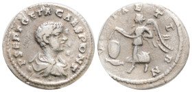 Geta, as Caesar, 198-209. Denarius (Silver, 14 mm, 3.1 g,), struck under Septimius Severus and Caracalla, Rome, 200-202. P SEPT GETA CAES PONT Bare-he...