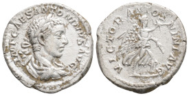 ELAGABALUS (218-222). Denarius. Rome.
Obv: IMP CAES ANTONINVS AVG.
Laureate and draped bust right.
Rev: VICTOR ANTONINI AVG.
Victory advancing right, ...