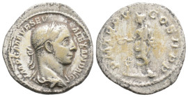 SEVERUS ALEXANDER (222-235). Denarius. Rome.
Obv: IMP C M AVR SEV ALEXAND AVG.
Laureate and draped bust right.
Rev: P M TR P VI COS II P P.
Empero...