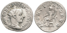 GORDIAN III (238-244). Antoninianus. Rome.
Obv: IMP GORDIANVS PIVS FEL AVG. Radiate, draped and cuirassed bust right.
Rev: FORT REDVX. Fortuna seate...