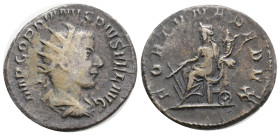 GORDIAN III (238-244). Antoninianus. Rome.
Obv: IMP GORDIANVS PIVS FEL AVG. Radiate, draped and cuirassed bust right.
Rev: FORT REDVX. Fortuna seated ...