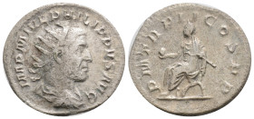 Roman imperial ,Philip I (Arabs) 244-249. Antoninianus 245, Rome. 3.57g 22,mm. Radiant head right, IMP M IVL PHILIPPVS AVG / Emperor enthroned left on...