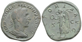 PHILIP I 'THE ARAB' (244-249). Sestertius. Rome.
Obv: IMP M IVL PHILIPPVS AVG. Laureate, draped and cuirassed bust right.
Rev: VICTORIA AVG / S - C. V...