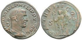 PHILIP I THE ARAB (244-249). Sestertius. Rome.
Obv: IMP M IVL PHILIPPVS AVG. Laureate, draped and cuirassed bust right.
Rev: P M TR P III COS P P / S ...