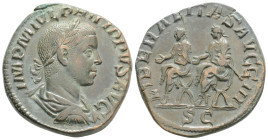 PHILIP II (247-249). Sestertius. Rome.
Obv: IMP M IVL PHILIPPVS AVG.Laureate, draped and cuirassed bust right.
Rev: LIBERALITAS AVGG III / S C.Philip ...