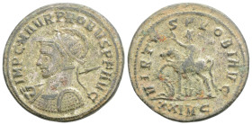 PROBUS (276-282). Antoninianus. Siscia.
Obv: VIRTVS PROBI AVG.
Helmeted, radiate and cuirassed bust left, holding spear over shoulder and shield decor...