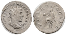 Roman imperial ,Philip I (Arabs) 244-249. Antoninianus 245, Rome. 3.4g 25,2,mm. Radiant head right, IMP M IVL PHILIPPVS AVG / Emperor enthroned left o...