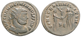 MAXIMIANUS HERCULIUS (286-305). Radiatus. Cyzicus.
Obv: IMP C M A MAXIMIANVS P F AVG.
Radiate and cuirassed bust right.
Rev: CONCORDIA MILITVM / K Є.
...