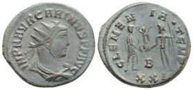 CARINUS (283-285). Antoninianus. Siscia.
Obv: IMP M AVR CARINVS P F AVG.
Radiate, draped and cuirassed bust right.
Rev: CLEMENTIA TEMP / B / XXI.
Empe...