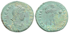 ARCADIUS (383-408). Ae. Constantinopolis.
Obv: D N ARCADIVS P F AVG.
Diademed, draped and cuirassed bust right.
Rev: GLORIA ROMANORVM / CONS.
Arcadius...