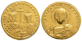 CONSTANTINE VII PORPHYROGENITUS with ROMANUS II (913-959). GOLD Solidus. Constantinople.
Obv: + IҺS XPS RЄX RЄGNANTIЧM.
Facing bust of Christ Pantokra...