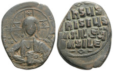 ANONYMOUS FOLLES. Class A3. Attributed to Basil II & Constantine VIII (1020-1028). Constantinople.
Obv: + ЄMMANOVHΛ / IC - XC.
Facing bust of Christ P...