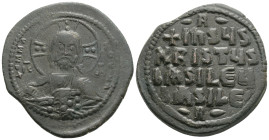 ANONYMOUS FOLLES. Class A3. Attributed to Basil II & Constantine VIII (1020-1028). Constantinople.
Obv: + ЄMMANOVHΛ / IC - XC.
Facing bust of Christ P...