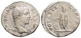 Caracalla (193-217 AD) Rome. AR Denarius. 3.1 g. 19 mm.
Obv: ANTONINVS PIVS AVG.Laureate head right.
Rev: VOTA SVS-CEPTA X.Caracalla standing facing, ...