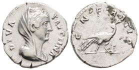 Diva Faustina I (Died 140/1 AD) Rome. AR Denarius. 3.18 g. 20 mm.
Obv: DIVA FAVSTINA.Draped and veiled bust right.
Rev: CONSECRATIO.Peacock standing r...