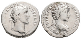 Antoninus Pius with Marcus Aurelius as Caesar (138-161 AD). Rome. AR Denarius. 3.1 g. 18 mm.
Obv: ANTONINVS AVG PIVS P P TR P COS III. Bare head of An...