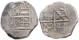 Spain, Kingdom. Philip III (1602-1609) AR Cob 1 Real. Sevilla, uncertain date. Crowned coat-of-arms, assayer marks (S above B?) to left, I to right / ...