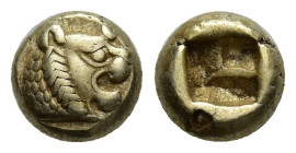 Kings of Lydia. Sardeis. Time of Alyattes to Kroisos 620-539 BC. Hemihekte - 1/12 Stater EL (7mm, 1.17 g) Head of roaring lion right, "sun" with no ra...