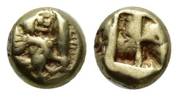 MYSIA, Kyzikos. Circa 600-550 BC. EL Hemihekte – Twelfth Stater (7mm, 1.36 g). Mythological creature, with lion's head and avian body, right; to right...