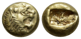 KINGS of LYDIA. temp. Alyattes – Kroisos. Circa 620/10-550/39 BC. EL Trite – Third Stater (12mm, 4.73 g). Sardes mint. Head of roaring lion right, "su...