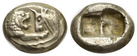 Lydia Kingdom. Sardes. Croesus, 561-546 BC. Siglos (17mm, 5.13 g). Mint of Sardes. Confronted foreparts of lion (at left) and bull (at right). Reverse...