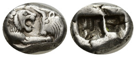 LYDIAN KINGDOM. Croesus (561-546 BC). AR half-stater or siglos (13mm, 5.26 g). Sardes. Confronted foreparts of lion right and bull left, both with out...