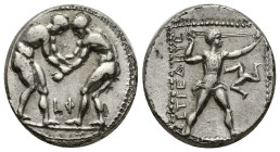 Pamphylia, Aspendos (c.380-325 B.C.), Silver Stater, (22mm, 10.45 g). Two wrestlers grappling, L Φ between them. Rev. E Σ TFE Δ IIY Σ , slinger standi...