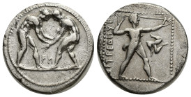 PAMPHYLIA. Aspendus. Ca. 370-330 BC. Silver stater (24mm, 14.32 g). Two wrestlers engaged, between them FN (latter retrograde), MENETΥΣ EΛΥΨA in exerg...