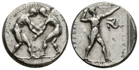 PAMPHYLIA. Aspendus. Ca. 380-325 BC. AR stater (23mm, 10.47). Two wrestlers grappling, BA between, all in dotted circle / EΣTFEΔIIYΣ, slinger aiming r...