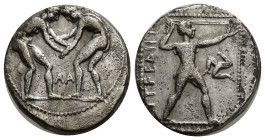 PAMPHYLIA, Aspendos. Circa 380/75-330/25 BC. AR Stater (21mm, 10.52 g). Two wrestlers grappling; AA between / Slinger in throwing stance right; counte...