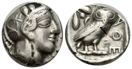 Attica, Athens. Silver Tetradrachm (23mm, 16.72 g), ca. 454-404 BC. Helmeted head of Athena right, frontal eye. Reverse: AΘE, owl standing right, head...