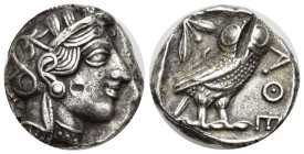 Attica, Athens. Silver Tetradrachm (22mm, 16.88 g), ca. 454-404 BC. Helmeted head of Athena right, frontal eye. Reverse: AΘE, owl standing right, head...