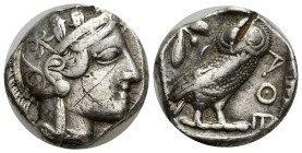 Attica, Athens. Silver Tetradrachm (22mm, 17.04 g), ca. 454-404 BC. Helmeted head of Athena right, frontal eye. Reverse: AΘE, owl standing right, head...