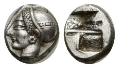 Ionia. Phokaia circa 521-478 BC. Diobol AR (8mm, 1.32 g). Archaic female head left, wearing earring and helmet or close fitting cap / Incuse square pu...
