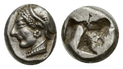 Ionia. Phokaia circa 521-478 BC. Diobol AR (9mm, 1.29 g). Archaic female head left, wearing earring and helmet or close fitting cap / Incuse square pu...