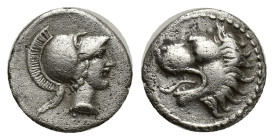 PAMPHYLIA. Side. (3rd-2nd centuries BC). AR Obol. (11mm, 0.71 g) Obv: Helmeted head of Athena right. Rev: Head of lion left with open mouth.