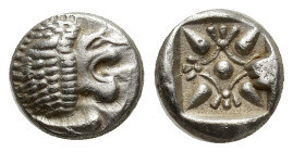 IONIA. Miletus. Ca. late 6th-5th centuries BC. AR obol (9mm, 1.07 g). Milesian standard. Forepart of roaring lion left, head reverted / Stellate flora...