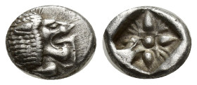 IONIA. Miletus. Ca. late 6th-5th centuries BC. AR obol (8mm, 1.12 g). Milesian standard. Forepart of roaring lion left, head reverted / Stellate flora...