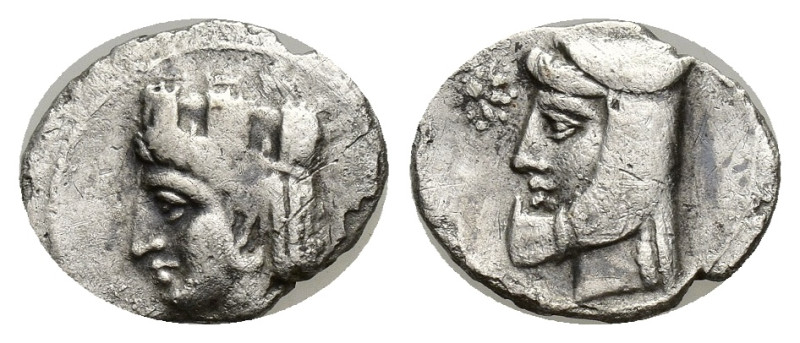 CILICIA, Uncertain. AR Obol 4th century BC. ( Silver. 10mm, 0.58 g) Turreted hea...