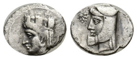 CILICIA, Uncertain. AR Obol 4th century BC. ( Silver. 10mm, 0.58 g) Turreted head of female (Tyche or Tyche-Aphrodite?) left. Rev. Head of male left, ...