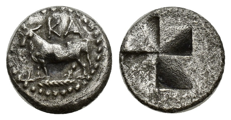 BITHYNIA. Calchedon. Ca. 340-320 BC. AR 1/10 siglos (11mm, 1.09 g) KA, / bull st...