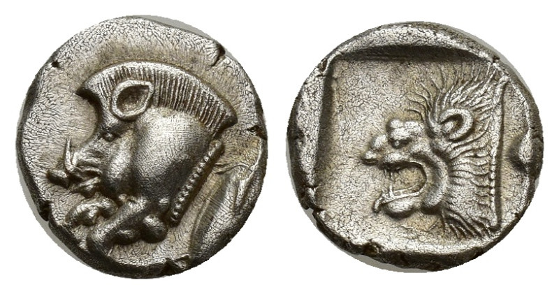 MYSIA, Kyzikos (Circa 450-400 BC) AR Diobol (11mm, 1.24 g) Obv: Forepart of a bo...