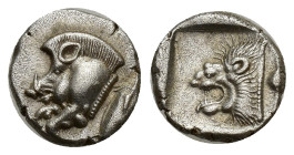 MYSIA, Kyzikos (Circa 450-400 BC) AR Diobol (11mm, 1.24 g) Obv: Forepart of a boar running to left; to right, tunny fish swimming upwards. Rev: Lion's...