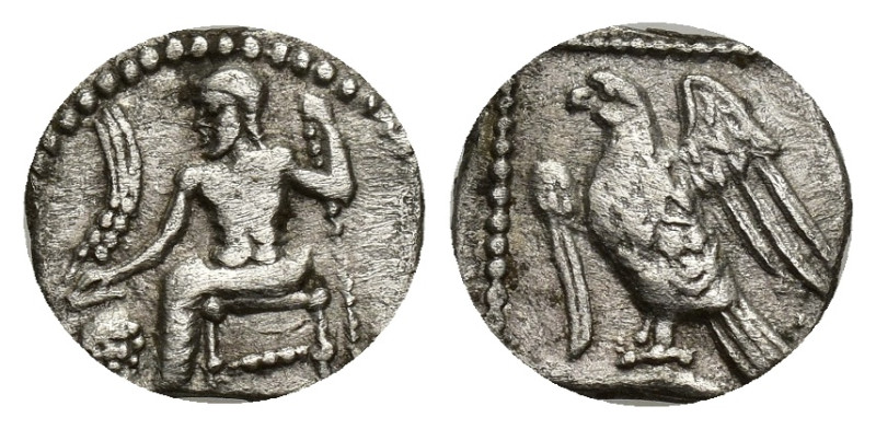 CILICIA, uncertain mint. AR Obol. (11mm, 0.58 g) 4th C. Baaltars seated left, ho...
