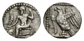 CILICIA, uncertain mint. AR Obol. (11mm, 0.58 g) 4th C. Baaltars seated left, holding grain ear, grape-bunch and sceptre Rev: Eagle standing left on p...