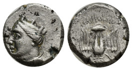 Pontos. Amisos . 400-300 BC. Ar Drachm. (15mm, 4.2 g) Turreted bust of Hera-Tyche right. Rev: Owl standing facing, with spread wind, on shield.