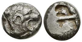 ISLANDS off CARIA, Rhodos. Lindos . Circa 515/0-475 BC. AR Stater Head of lion right; border of pelleted square between two linear squares / Two recta...